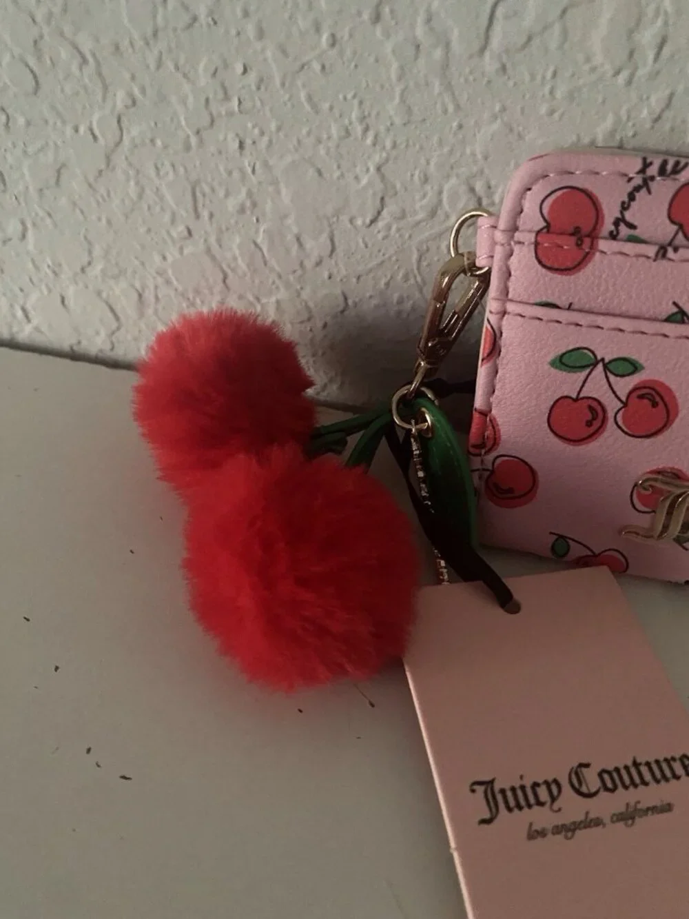 Juicy Couture Cherry Girl‎ CC Wallet W/Back Window Flamingo  W/Charm Pom Pom NEW